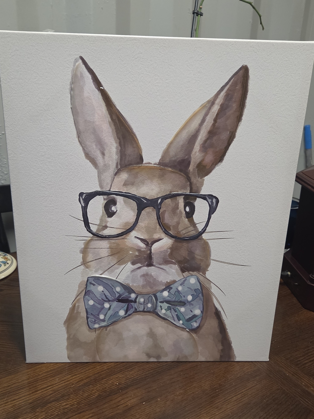 Bunny Canvas Art Wall FrameHobby Lobby Brown with Black Glasses and Blue Bow